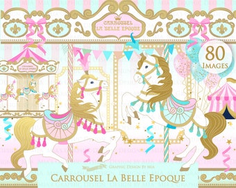 Carousel, Merry Go Round, Flat Gold, Carousel Digital, Paris, Carrousel La Belle Epoque Clip Art - Instant Download - CA154
