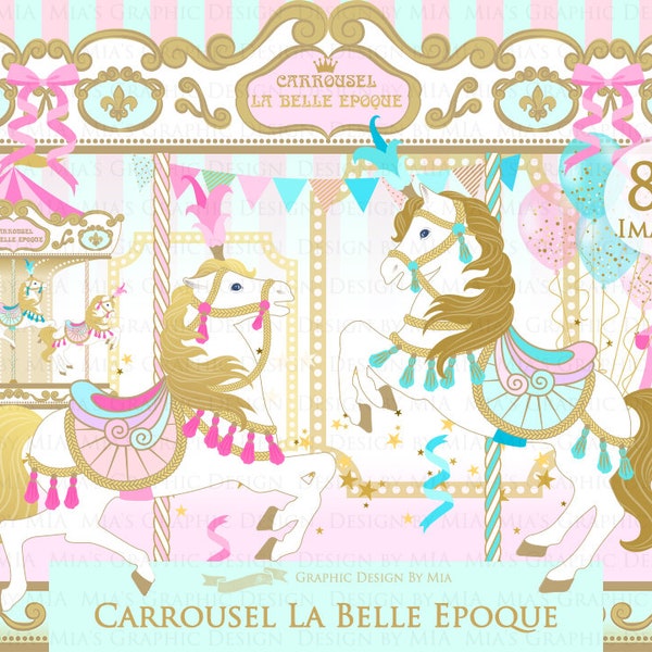 Carousel, Merry Go Round, Flat Gold, Carousel Digital, Paris, Carrousel La Belle Epoque Clip Art - Instant Download - CA154