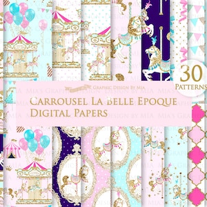 Carousel, Merry Go Round, Gold Glitter, Carousel Digital, Paris, Carrousel La Belle Epoque Digital Paper Pack - Instant Download - DP164