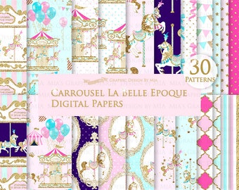 Carousel, Merry Go Round, Gold Glitter, Carousel Digital, Paris, Carrousel La Belle Epoque Digital Paper Pack - Instant Download - DP164