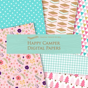May include: A set of 10 digital papers featuring various patterns, including pink and white polka dots, pink and white gingham, pink and white floral, pink and brown s'mores, pink and blue triangles, and pink and green Christmas trees. The text "Happy Camper Digital Papers" is displayed on a light blue wooden background.