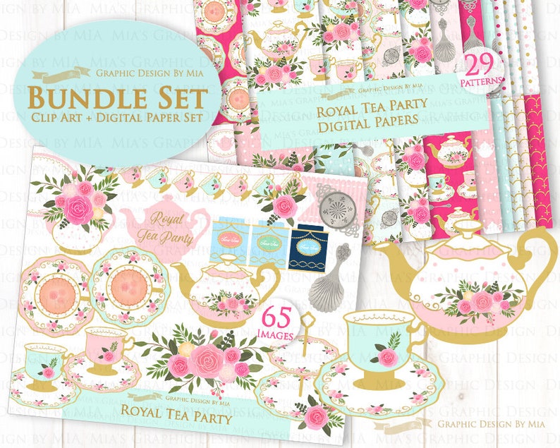 Tea, Tea Party, Tea Cup, Afternoon Tea, Rose, Pink & Mint Tea Clip Art Digital Paper Set Instant Download image 2