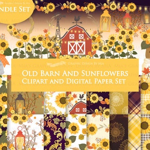 May include: A digital paper and clipart set featuring a red barn, sunflowers, and fall-themed elements. The set includes patterns with sunflowers, plaid, polka dots, and leaves. The text "Old Barn and Sunflowers Clipart and Digital Paper Set" is displayed on a yellow banner.