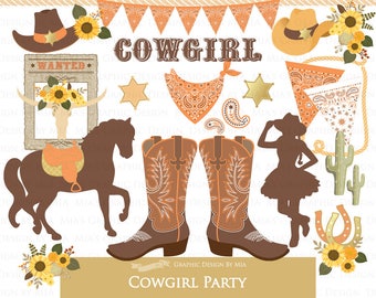 Cowgirl Clip Art, Cowgirl Digital, Cowgirl Party, Cowgirl Boots, Cowboy Boots, Sunflower Clip Art - CA156