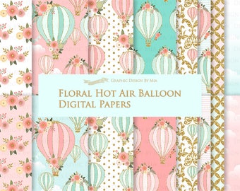 Air Balloon, Hot Air Balloon, Floral, Air Balloon Digital, Pink and Mint, Air Balloon  Digital Paper Pack - Instant Download - DP156