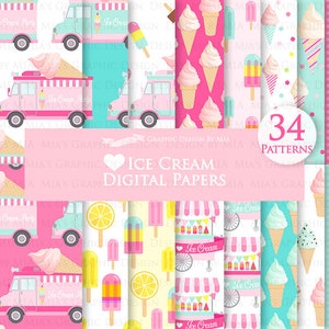 Ice Cream, Ice Cream Truck, Ice Cream Party, Popsicle, Ice Cream Cart, Ice Cream Cone Digital Paper Pack Instant Download DP207 image 1