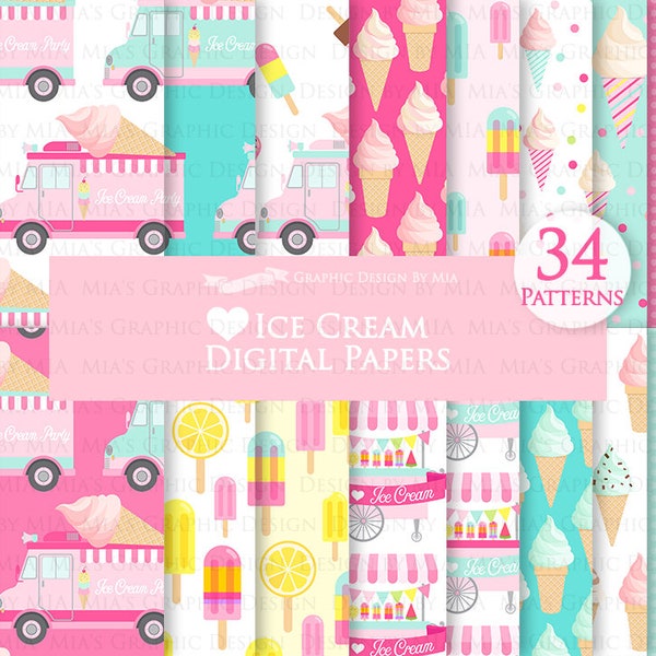 Ice Cream, Ice Cream Truck, Ice Cream Party, Popsicle, Ice Cream Cart, Ice Cream Cone Digital Paper Pack - Instant Download - DP207