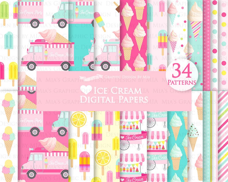 Ice Cream, Ice Cream Truck, Ice Cream Party, Popsicle, Ice Cream Cart, Ice Cream Cone Digital Paper Pack Instant Download DP207 image 1