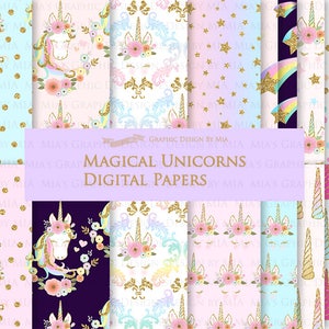 Magical Unicorns, Unicorn Horns, Unicorn faces, Unicorn heads, Gold Glitter Unicorns, Einhorn, Unicorn Digital Paper Pack DP186 image 1