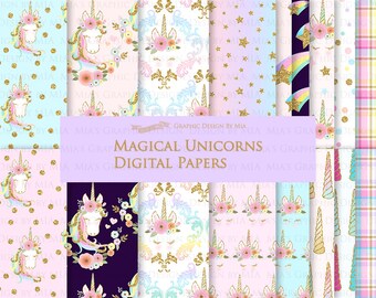 Magical Unicorns, Unicorn Horns, Unicorn faces, Unicorn heads, Gold Glitter Unicorns, Einhorn, Unicorn Digital Paper Pack - DP186