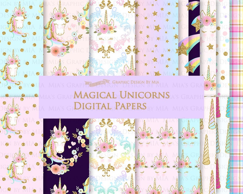 Magical Unicorns, Unicorn Horns, Unicorn faces, Unicorn heads, Gold Glitter Unicorns, Einhorn, Unicorn Digital Paper Pack DP186 image 1