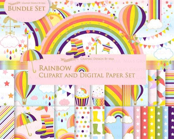 Rainbows, Cute Rainbow, Rain, Clouds, Colorful Rainbow Party, Sun Sky, Boots, Umbrella Clip Art + Digital Paper Set Il_570xn