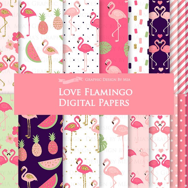 Flamingo, Love Flamingo, Coral, Peach, Glitter Gold, Pink Pineapple, Hawaiian Party, Tropical  Digital Paper Pack - Instant Download - DP195