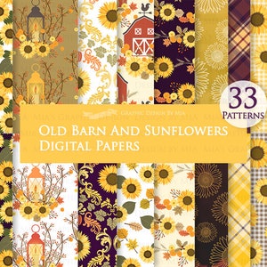 Old Barn And Sunflowers, Happy Fall, Autumn Patterns, Fall Digital, Fall Digital Paper Pack - DP170
