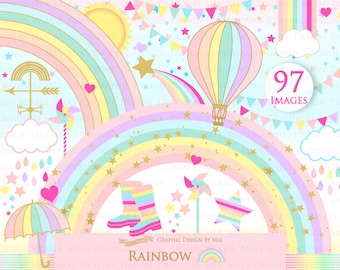 Rainbows, Pastel, Cute Rainbow, Rain, Clouds, Colorful Rainbow Party, Sun Sky, Boots, Umbrella Clip Art - Instant  Download - CA200