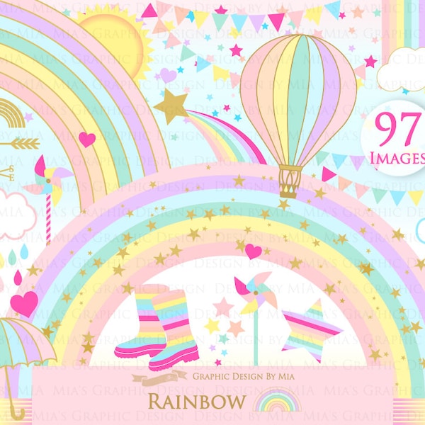 Rainbows, Pastel, Cute Rainbow, Rain, Clouds, Colorful Rainbow Party, Sun Sky, Boots, Umbrella Clip Art - Instant  Download - CA200