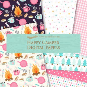 May include: A set of 10 digital papers featuring camping themed patterns. The patterns include a campfire, hot chocolate, marshmallows, s'mores, and trees. The papers are perfect for scrapbooking, card making, and other crafting projects.