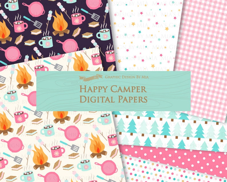 May include: A set of 10 digital papers featuring camping themed patterns. The patterns include a campfire, hot chocolate, marshmallows, s'mores, and trees. The papers are perfect for scrapbooking, card making, and other crafting projects.