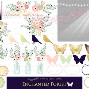 Pu&ograve; includere: Un set di clipart digitale con un tema di foresta incantata fantasiosa. Il set include bouquet di fiori, uccelli, farfalle, barattoli, etichette e uno sfondo sfumato. Il testo "ENCHANTED FOREST" &egrave; presente nell'immagine.