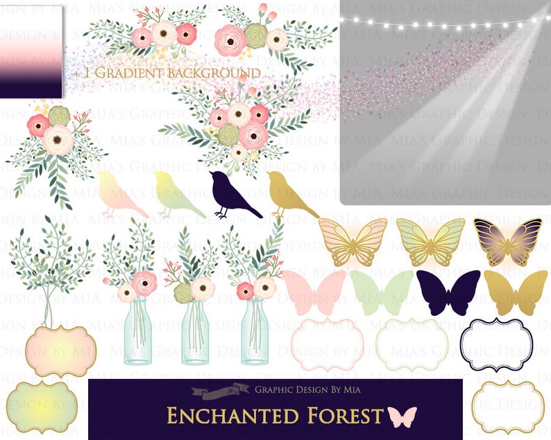 Pu&ograve; includere: Un set di clipart digitale con un tema di foresta incantata fantasiosa. Il set include bouquet di fiori, uccelli, farfalle, barattoli, etichette e uno sfondo sfumato. Il testo "ENCHANTED FOREST" &egrave; presente nell'immagine.
