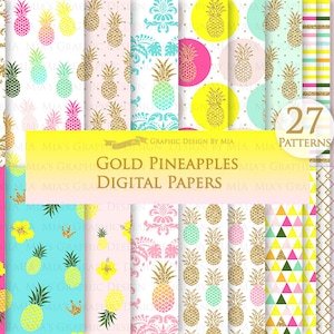 Pineapple. Gold Pineapple, Gold Glitter, Hawaiian Party, Aloha, Luau, Pineapple Digital Paper Pack - Instant Download - DP108