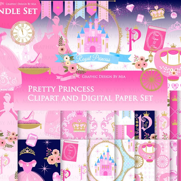 Princess, Princess Dress, Birthday Part, Princess Party, Royal, Pink, Princess Clip Art + Digital Paper Bundle Set