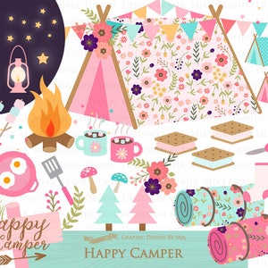 May include: A set of camping themed digital clipart featuring a pink and floral tent, a campfire, a sleeping bag, a mug of hot chocolate, a frying pan with eggs, a spatula, a s'more, a knife, socks, a tree, and a sign that says "Happy Camper".