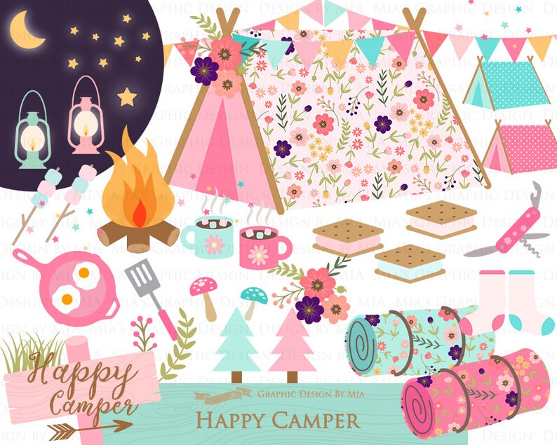 May include: A set of camping themed digital clipart featuring a pink and floral tent, a campfire, a sleeping bag, a mug of hot chocolate, a frying pan with eggs, a spatula, a s'more, a knife, socks, a tree, and a sign that says "Happy Camper".