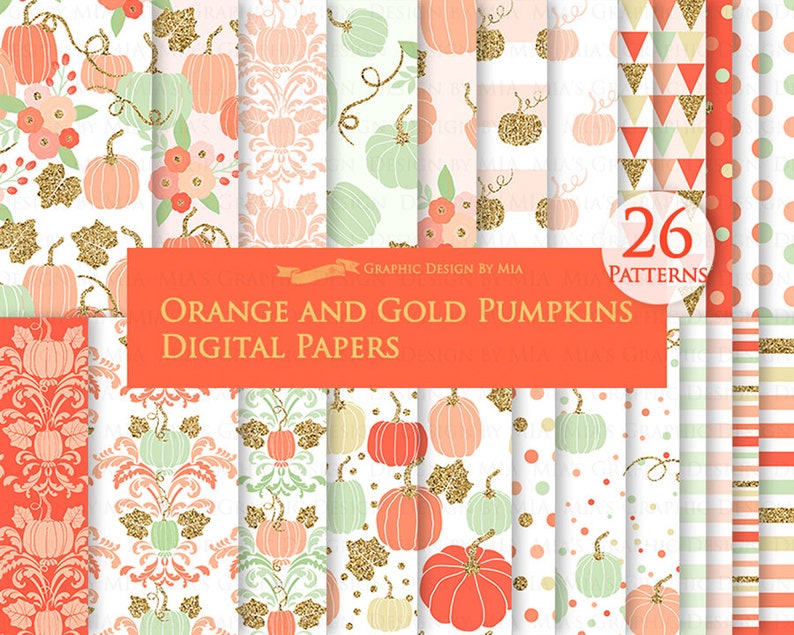 Orange and Gold Pumpkins, Pumpkin, Orange Pumpkin, Gold Pumpkin, Pumpkin Digital, Pumpkin Clip Art Digital Paper Set image 6