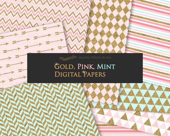 Pink Digital Paper:  Pink and Gold with pink background, pink scrapbook  paper, pink printable, pink and gold patterns with damask, chevron