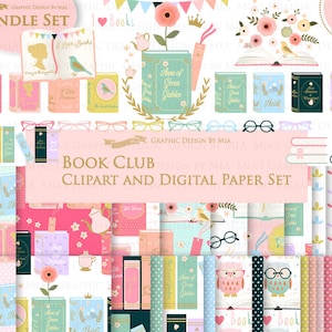 Book, Book Club, I Love Books, Book Collection, Book Day, Open Book, Book Party, Book Clip Art + Digital Paper Set - Instant Download