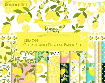 Lemon, Lemon PNG, Lemon Patterns, Lemon Digital, Lemon Clip Art + Digital Paper Set - Instant Download