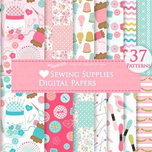 May include: A set of 37 digital papers featuring sewing themed patterns in pink, blue, and white. The patterns include buttons, needles, thread, and other sewing supplies.