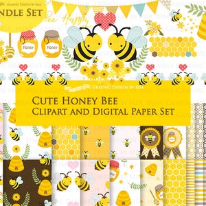 Cute Bee, Bee, Honey Bee, Beehive Clip Art + Digital Paper Set - Instant Download