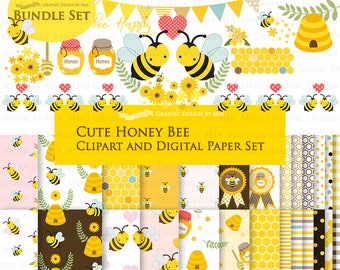 Cute Bee, Bee, Honey Bee, Beehive Clip Art + Digital Paper Set - Instant Download