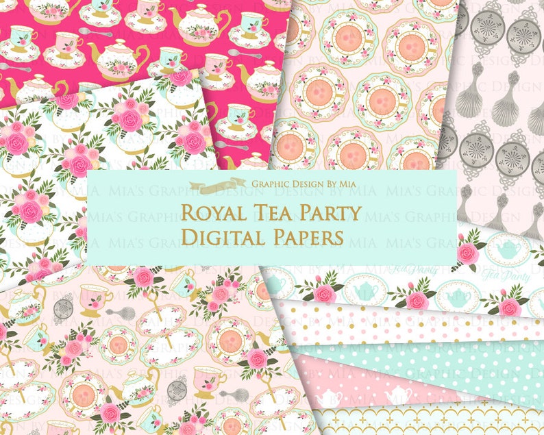 Tea, Tea Party, Tea Cup, Afternoon Tea, Rose, Pink & Mint Tea Clip Art Digital Paper Set Instant Download image 8