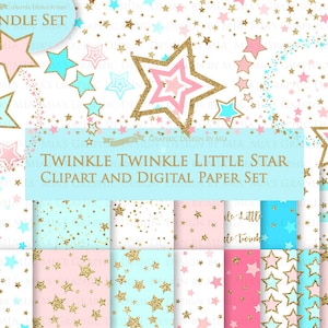 Pink Light Blue Gold Stars, Gold Glitter, Star Digital, Twinkle Twinkle Little Star, Stars Clip Art + Digital Paper Set - Instant Download