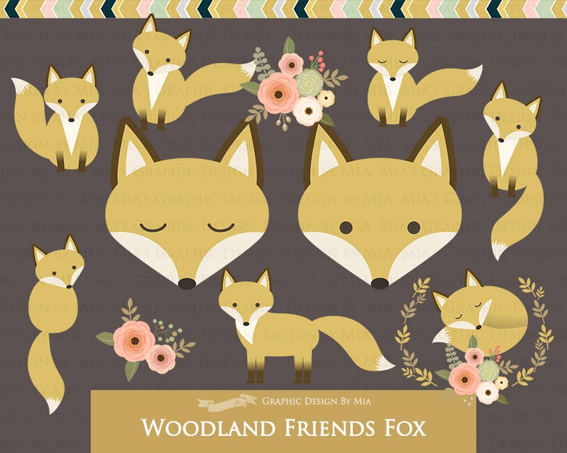 May include: A set of nine digital illustrations featuring woodland foxes in various poses. The foxes are depicted in a cartoon style with a yellow-orange color scheme. The illustrations include a fox with closed eyes, a fox with its tail curled around its body, and a fox with its mouth open. The illustrations are set against a dark gray background with floral accents.