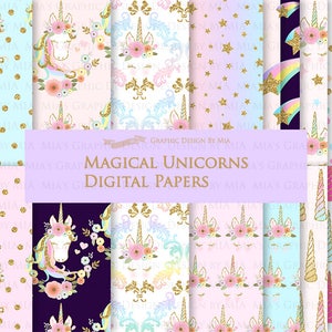 Magical Unicorns, Unicorn Horns, Unicorn faces, Unicorn heads, Gold Glitter Unicorns, Einhorn, Unicorn Clip Art Digital Paper Set image 7