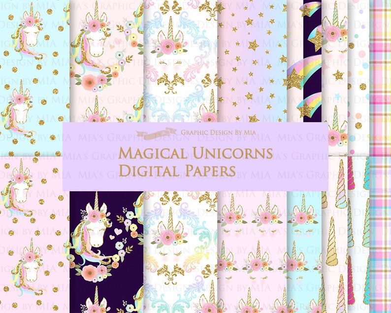 Magical Unicorns, Unicorn Horns, Unicorn faces, Unicorn heads, Gold Glitter Unicorns, Einhorn, Unicorn Clip Art Digital Paper Set image 7