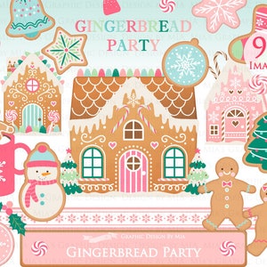May include: A collection of gingerbread-themed digital illustrations. The image features gingerbread houses, cookies, and a snowman, all in a festive color palette of pink, teal, and brown. Text includes "GINGERBREAD PARTY" and "99 IMAGES".