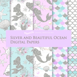 Silver and Beautiful Ocean / Mermaids Digital Paper Pack - Instant Download - DP177