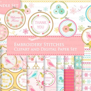 Sewing, Embroidery, Cross Stitches, Embroidery Stitches Clip Art + Digital Paper Set  - Instant Download
