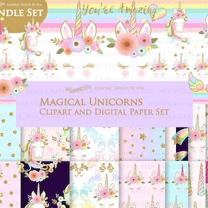 Magical Unicorns, Unicorn Horns, Unicorn faces, Unicorn heads, Gold Glitter Unicorns, Einhorn, Unicorn Clip Art Digital Paper Set image 1