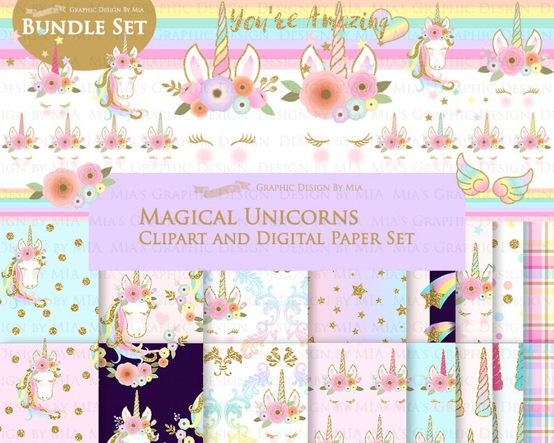 Magical Unicorns, Unicorn Horns, Unicorn faces, Unicorn heads, Gold Glitter Unicorns, Einhorn, Unicorn Clip Art Digital Paper Set image 1