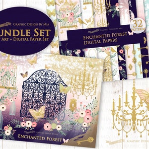 Pu&ograve; includere: Un pacchetto di carta digitale con 32 motivi a tema foresta incantata. I motivi includono gabbie dorate, farfalle, chiavi e disegni floreali. Il testo "Enchanted Forest Digital Papers" &egrave; visualizzato su uno stendardo blu scuro.