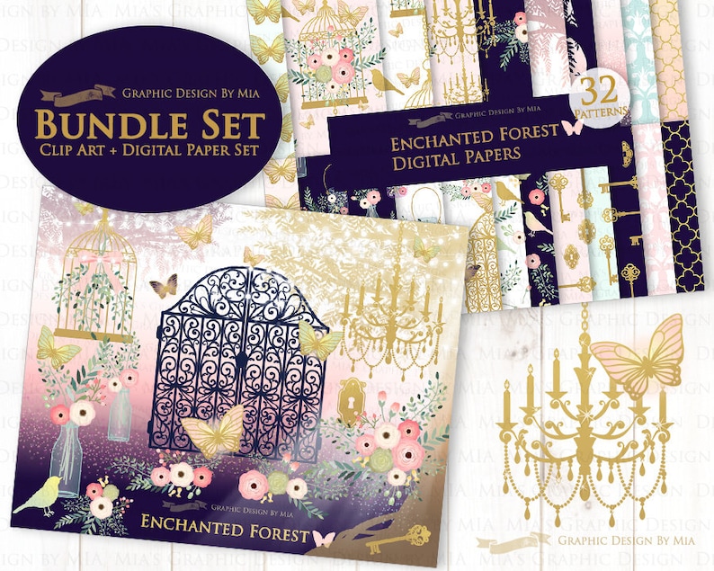 Pu&ograve; includere: Un pacchetto di carta digitale con 32 motivi a tema foresta incantata. I motivi includono gabbie dorate, farfalle, chiavi e disegni floreali. Il testo "Enchanted Forest Digital Papers" &egrave; visualizzato su uno stendardo blu scuro.