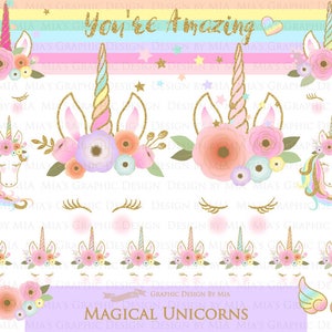 Magical Unicorns, Unicorn Horns, Unicorn faces, Unicorn heads, Gold Glitter Unicorns, Einhorn, Unicorn Clip Art Digital Paper Set image 3