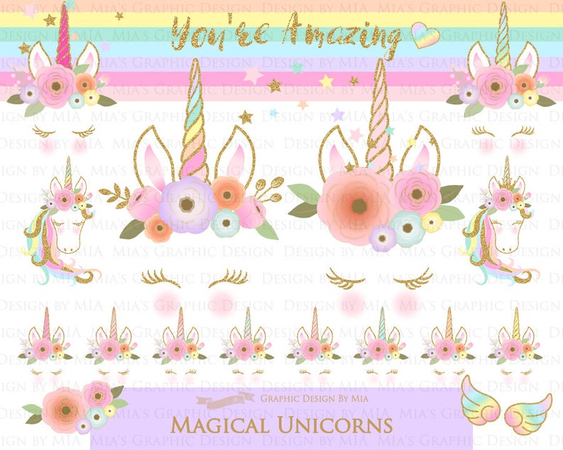 Magical Unicorns, Unicorn Horns, Unicorn faces, Unicorn heads, Gold Glitter Unicorns, Einhorn, Unicorn Clip Art Digital Paper Set image 3