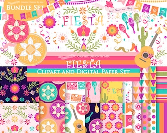 Fiesta, Sombrero, Mariachi Guitar, Mexican Hat, Wedding, Maracas, Mexican Party Clip Art + Digital Paper Set - Instant Download